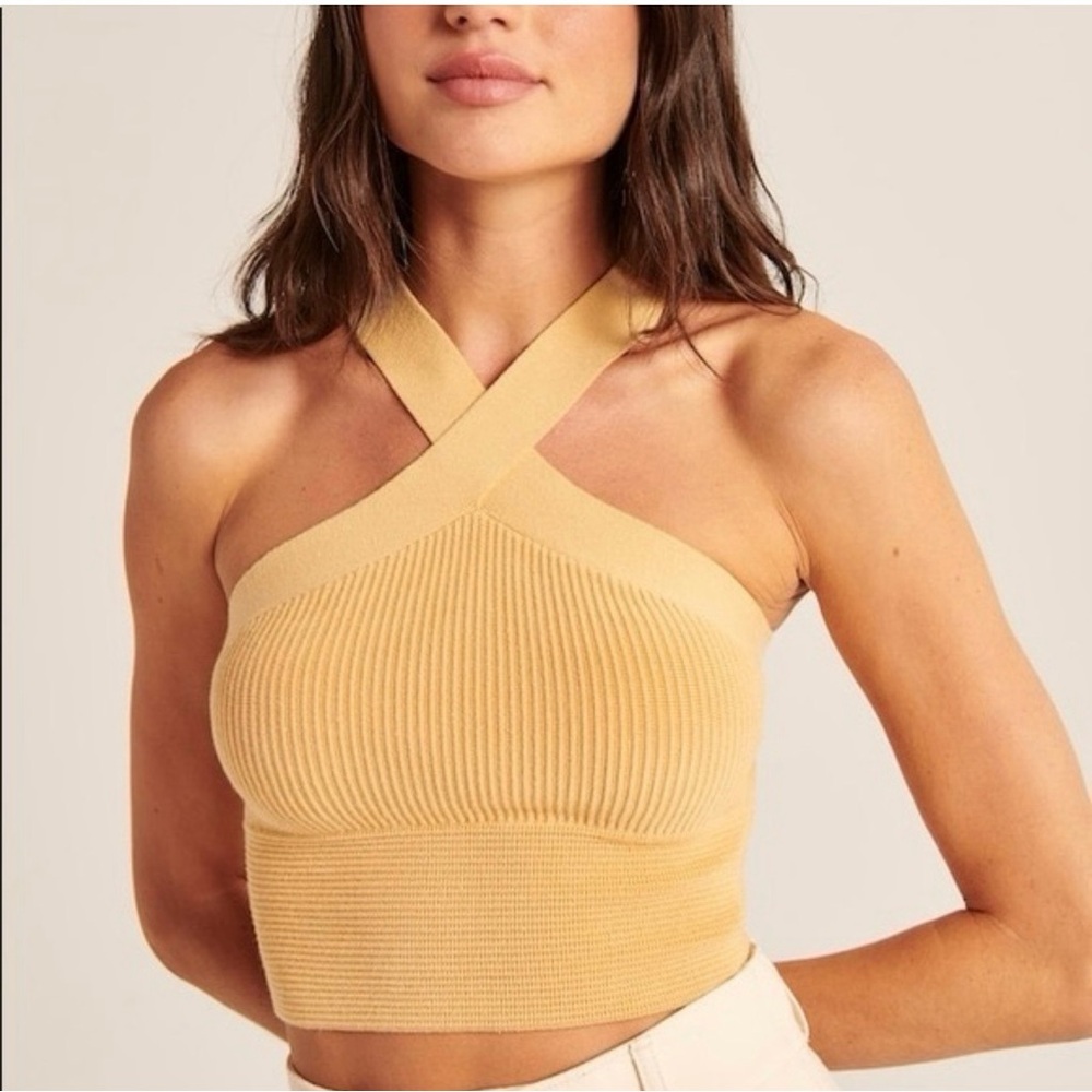 Abercrombie & Fitch Cropped Cross-Strap Ribbed Tank in Mustard Yellow